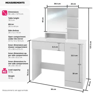 Dressing Table Zoe - drawer, mirror, cupboard and storage shelves - white