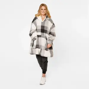 Dreamscene Check Hoodie Blanket Giant Wearable Sherpa Oversized Sweatshirt, Grey