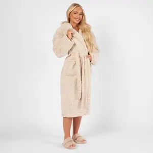 Brentfords Teddy Marl Fleece Adults Dressing Gown Full-Length Robe, Beige