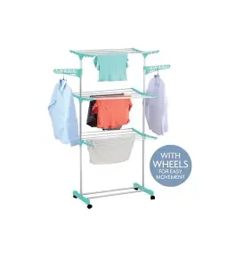 4 Tier Clothes Drying Rack Airer Foldable Adjustable Powder Coated Frame Wheel with Two Side Wings Dryer Racks & Shoe Stand Blue