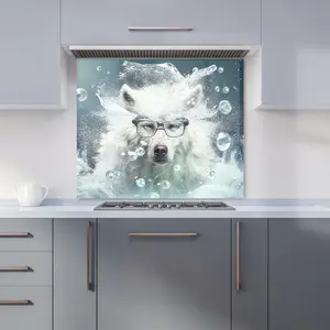 White Wolf With Glasses Splashart Premium Glass Kitchen Splashback W700mm x H650mm