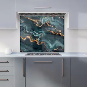 Gold, Blue Marble Effect Premium Glass Kitchen Splashback W900mm x H650mm