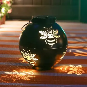 Festive Lights Solar Black Metal Bee Lantern, White, Warm White & Colour Changing LEDs