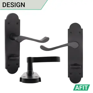 AFIT Matt Black Bathroom Door Handle Set - Victorian Scroll Shaped - 2 Pairs of Internal Door Handles, Hinges 76mm & Locks 64mm