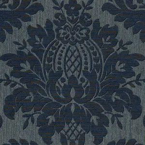 Boutique Navy Metallic effect Damask Textured Wallpaper Sample