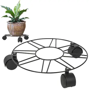 URBNLIVING 25cm Diameter Black Metal Flower Plant Pot Trolley Roller with 3 Casters Wheels Outdoor Rack