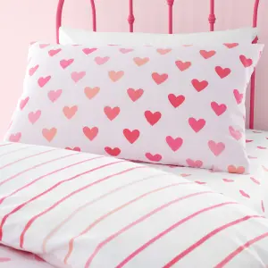 Catherine Lansfield Bedding So Soft Hearts and Stripes Duvet Cover Set with Pillowcases Two Pack Pink White