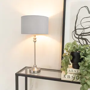 ValueLights Maggie Brushed Chrome Candlestick Slim Table Lamp with Grey Velvet Drum Lamp Shade