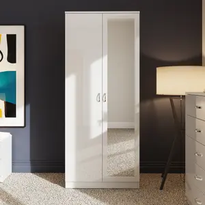 2 Door Mirrored White Gloss Double Wardrobe Scratch Resistant Bedroom Furniture