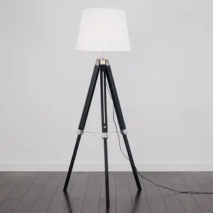 ValueLights Clipper Black Wood and Silver Chrome Tripod Floor Lamp with White Tapered Light Shade with 6w LED GLS Bulb