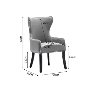 Grey Velvet Dining Chair Studded Design Accent Chair Kitchen Chair with Wooden Legs