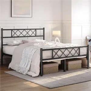 Yaheetech Black 4ft6 Double Simple Metal Bed Frame with Cross-design Headboard & Footboard