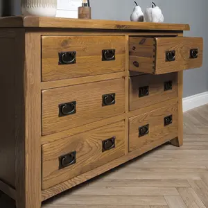 Elm Home And Garden Wide 6 drawer Chest Of Rustic Oak Drawers 78cm High x 128cm Wide x 40cm Deep