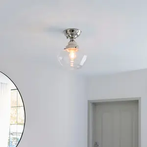 Polished Nickel Semi Flush Ceiling Light Fitting & Clear Glass Shade Low Profile