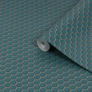 Contour Teal Tile effect Hexagon lattice Textured Wallpaper Sample