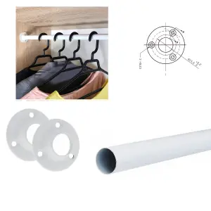 Round Wardrobe Rail Hanging Tube Pipe 1000mm White Set with End Brackets