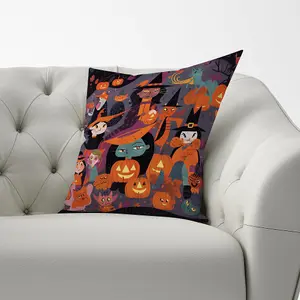 A Vibrant Illustration Of Witches And Pumpkin Cushions 33cm x 48cm