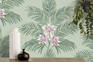 Fine Decor Bali Tropical Floral Sage Wallpaper FD43278