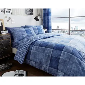 Pinero Cotton Blend Chequered Duvet Cover Set with Pillowcases Blue / Super King - 2 Standard Pillowcases