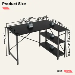 L-Shaped Desk (120 or 140cm x 90cm) Corner Desk with Adjustable Shelves by Aliff Black / 74cm H x 120cm W x 90cm D