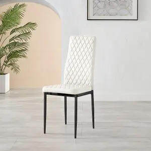 Set of 4 Milan White High Back Soft Touch Diamond Pattern Faux Leather Black Powder Coated Metal Leg Dining Chairs