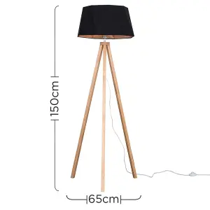 ValueLights Barbro Light Wood Tripod Design Floor Lamp with Black/Copper Geometric Shade - Complete with 6w LED GLS Bulb