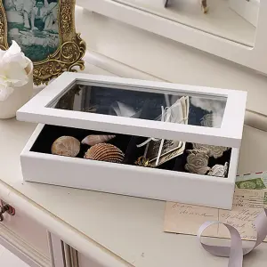 Wooden Jewellery or Memory Box with Hinged Lid & Glass Top - Bedside Dressing Table Keepsake Storage Organiser - H6 x W26 x D18cm