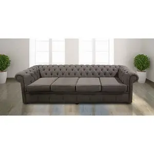 Chesterfield 4 Seater Sofa Settee Verity Plain Steel Grey Fabric In Classic Style