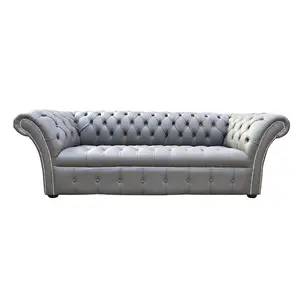 Chesterfield 3 Seater Sofa Buttoned Seat Silver Birch Leather In Balmoral Style