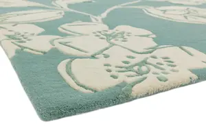 Blue Floral Wool Handmade Modern Easy to Clean Bedroom Dining Room And Living Room Rug -80cm X 150cm