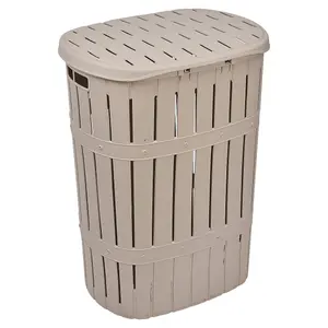 URBNLIVING 65L Brown Plastic Bamboo Style Laundry Basket Storage Bin With Handles & Easy Open Lid