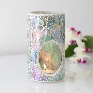 Blue Iridescent Glass Pillar Shaped Oil, Wax Melt Burner. Mirrored Crackle Effect. H14.5 cm