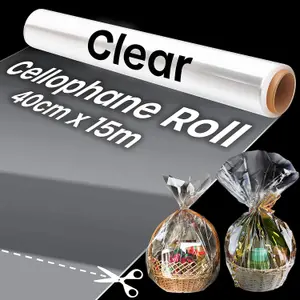 15m Clear Cellophane Roll for Hampers, Gift Wrapping, Christmas Baskets, Bouquets & Crafts - Transparent 40cm Wide Wrap