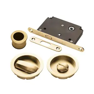 Sliding Bathroom Door Flush Pull Set Turn and Release Lock Satin Brass