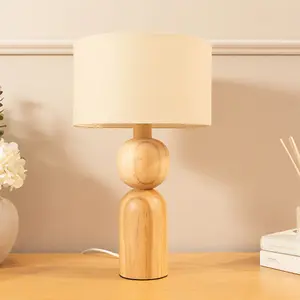 ValueLights Azalea Rustic Wooden Bedside Table Lamp with a Natural Drum Lampshade