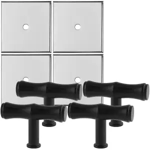 4 PACK - Cabinet Door Knob & Contrasting Backplate Set - Bamboo T Bar Pull - Matt Black & Chrome