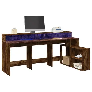 Berkfield Desk with LED Lights Smoked Oak 200x104x91 cm Engineered Wood