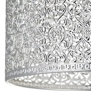 Ornate Moroccan Style Decorated Shiny Silver Metal Pendant Shade 25cm x 15cm