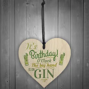 Red Ocean Gin OClock Birthday Gift Funny Card Wooden Hanging Heart Plaque Friendship Drinking Gift