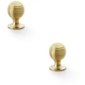 2 PACK - Reeded Ball Door Knob - 25mm Diameter Satin Brass Lined Cupboard Pull Handle