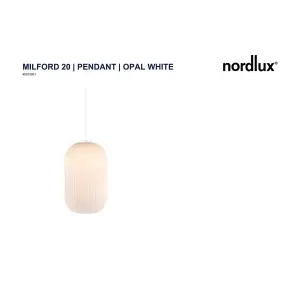 Nordlux Milford 20 Indoor Living Dining Glass Pendant Ceiling Light in Opal White (Diam) 20cm