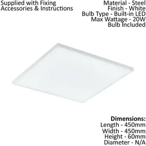 450mm Modern Sleek Ceiling Light White Slim Square Low Profile 20W LED 4000K