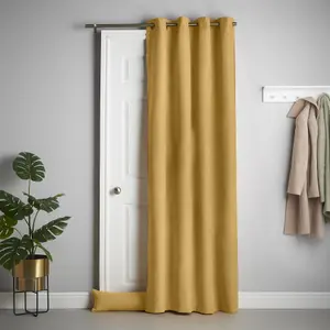 Velvet Chenille Thermal Fleece Lined Ring Top Door Curtain 137cm x 213cm Ochre