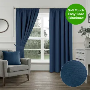 Home Curtains Woven Blockout 90w" x 90d" (229x229cm) Navy Blue Pencil Pleat Curtains (PAIR)