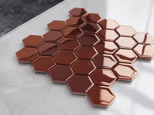 Hexagon glass mosaic on mesh for bathroom or kitchen 247mm x 255mm - Copper exagon