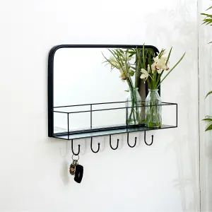 Melody Maison Black Mirrored Wall Shelf With Hooks