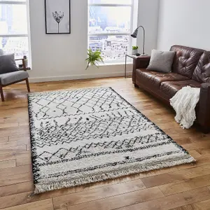 Black/White Kilim Modern Shaggy Moroccan Easy to Clean Abstract Geometric Rug For Dining Room-120cm X 170cm