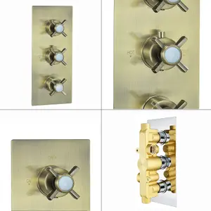 ENKI Edwardian Antique Brass Crosshead 2-Outlet Solid Brass Thermostatic Triple Shower Valve TSV062