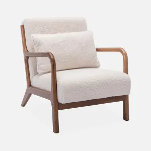 sweeek. Scandi-style boucle wooden armchair with cushion Lorens boucle White 65x80x79 cm