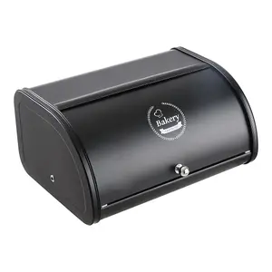 Black Metal Roll Top Bread Container Storage Box for Kitchen